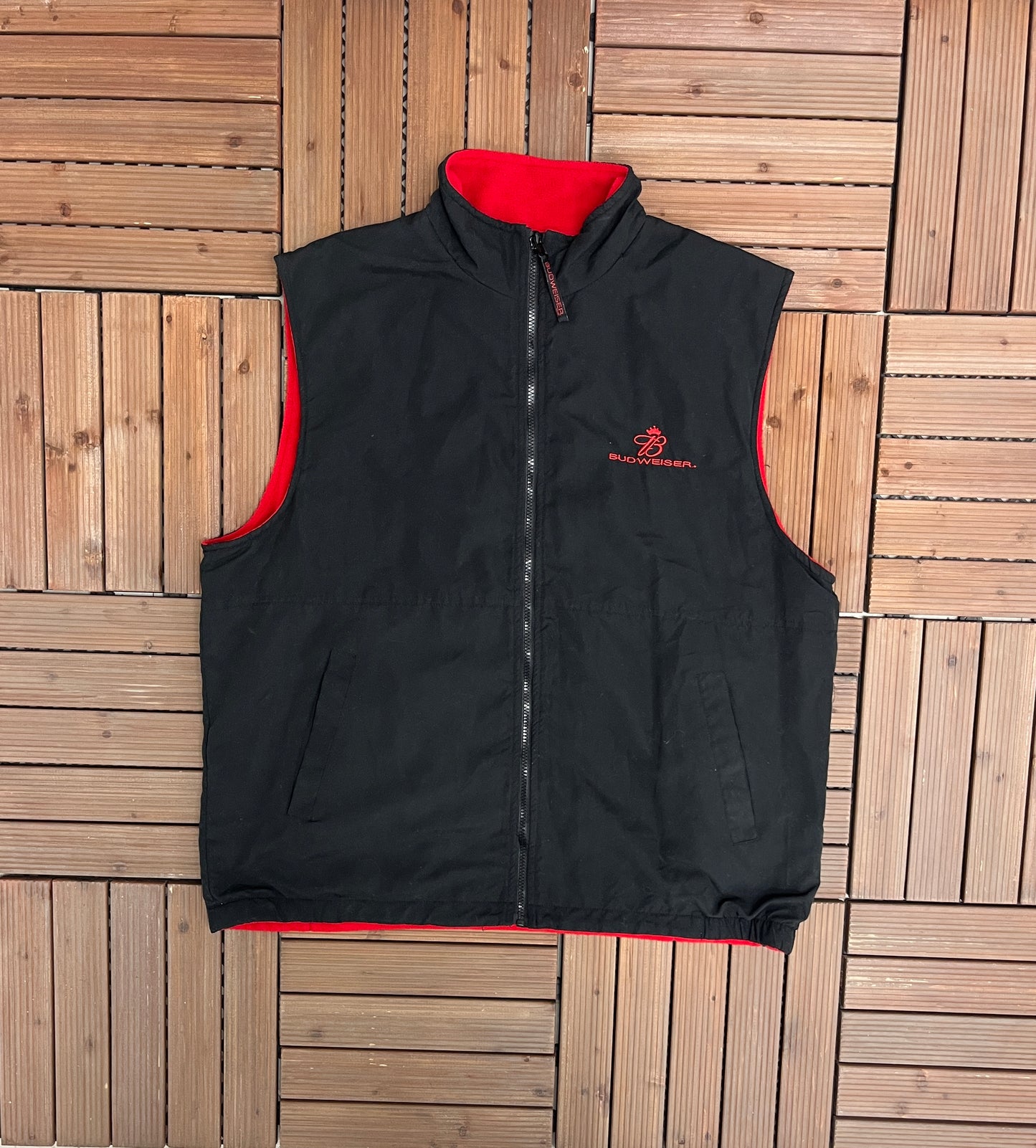 Budweiser Reversible Embroidered Graphic Fleece Vest Jacket | Size X-Large | Vintage 2000s Red Vest Coat |