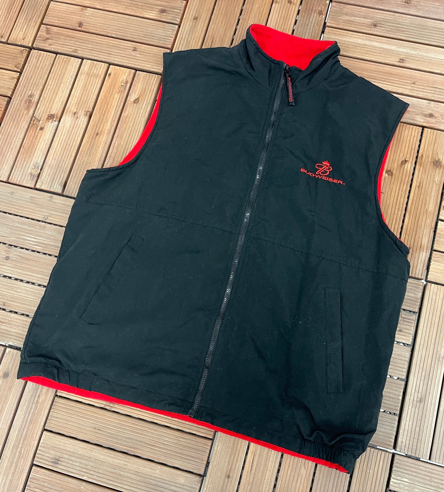 Budweiser Reversible Embroidered Graphic Fleece Vest Jacket | Size X-Large | Vintage 2000s Red Vest Coat |