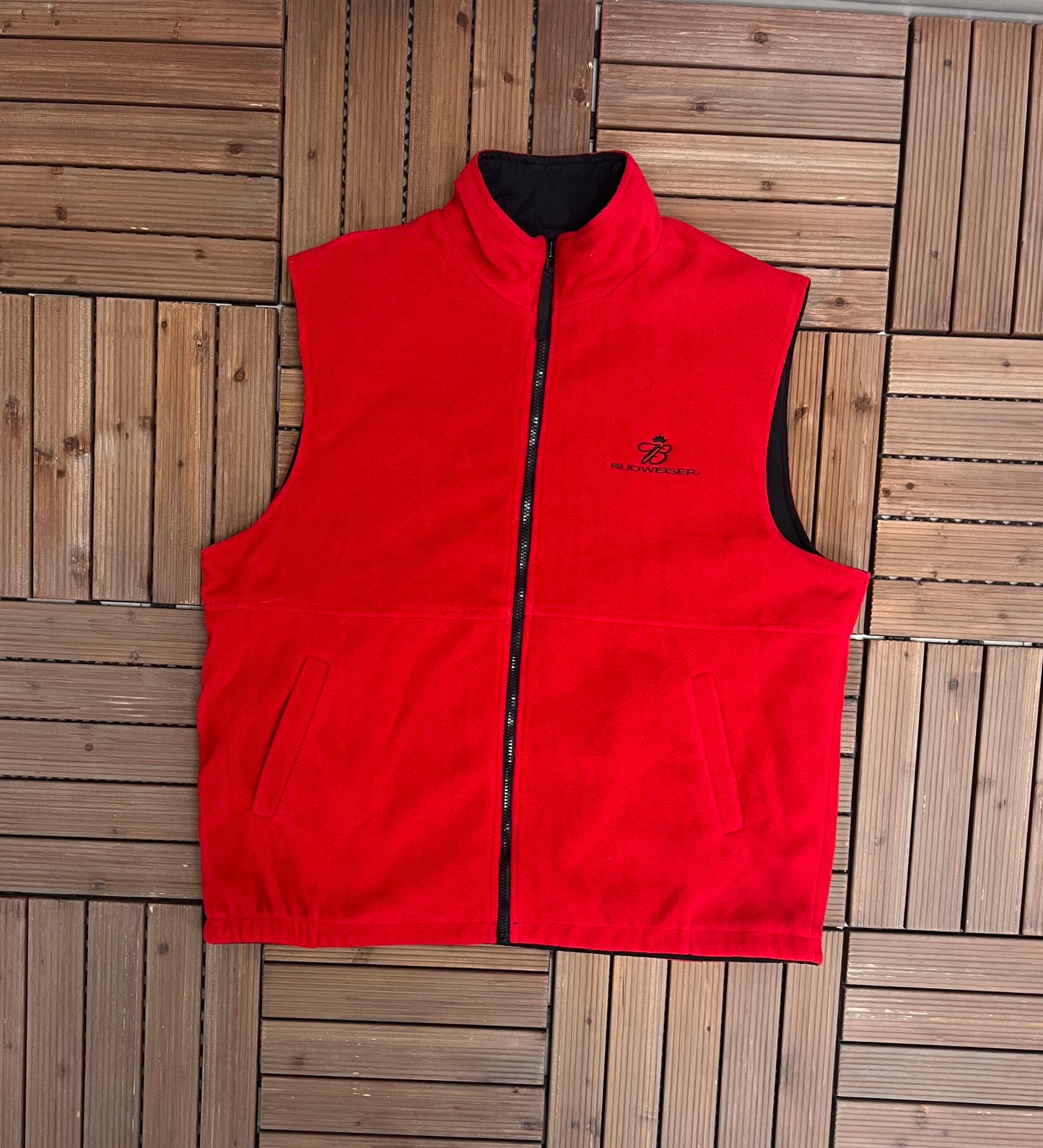 Budweiser Reversible Embroidered Graphic Fleece Vest Jacket | Size X-Large | Vintage 2000s Red Vest Coat |