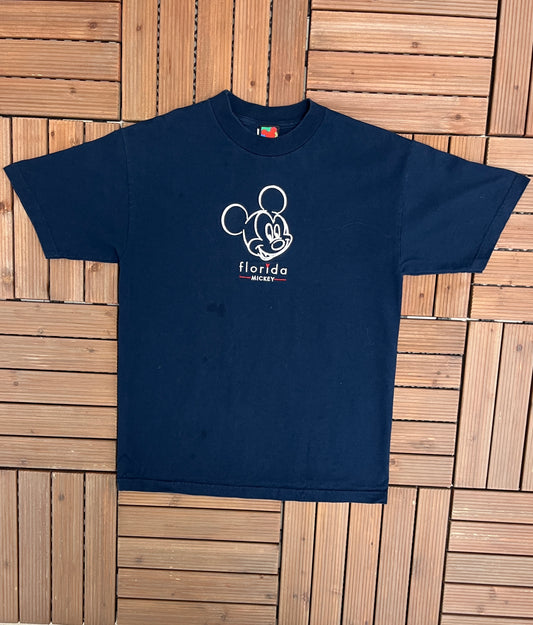 Mickey Mouse Florida Embroidered Graphic Tee | Size Medium | Vintage 2000s Promotional Disney Blue T-Shirt | Free Shipping to USA|