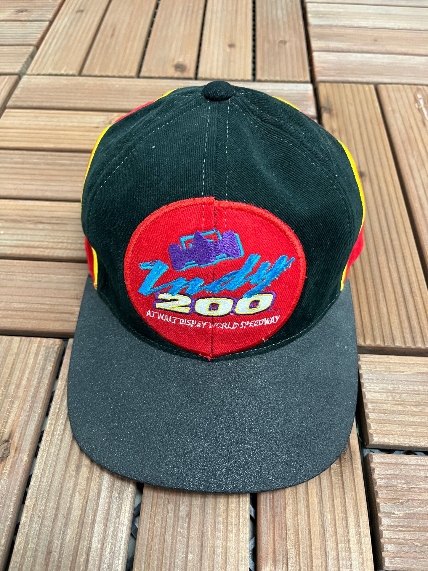 Indy 200 At Walt Disney World Speedway Racing Graphic Hat | Strap Back | Vintage 1990s NASCAR Racing Black Cap |