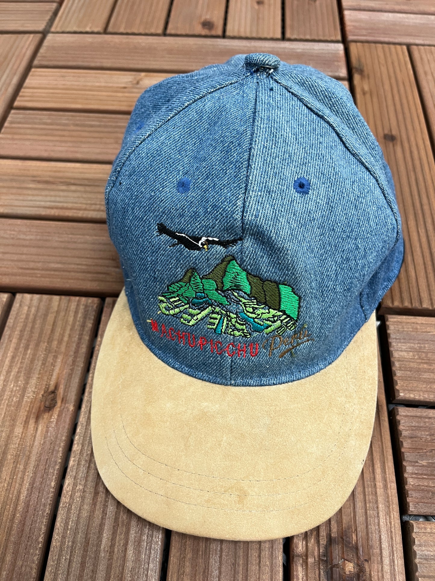 Machu Picchu, Peru Embroidered Graphic Hat | Strap Back | Vintage 2000s Tourist Denim Cap |