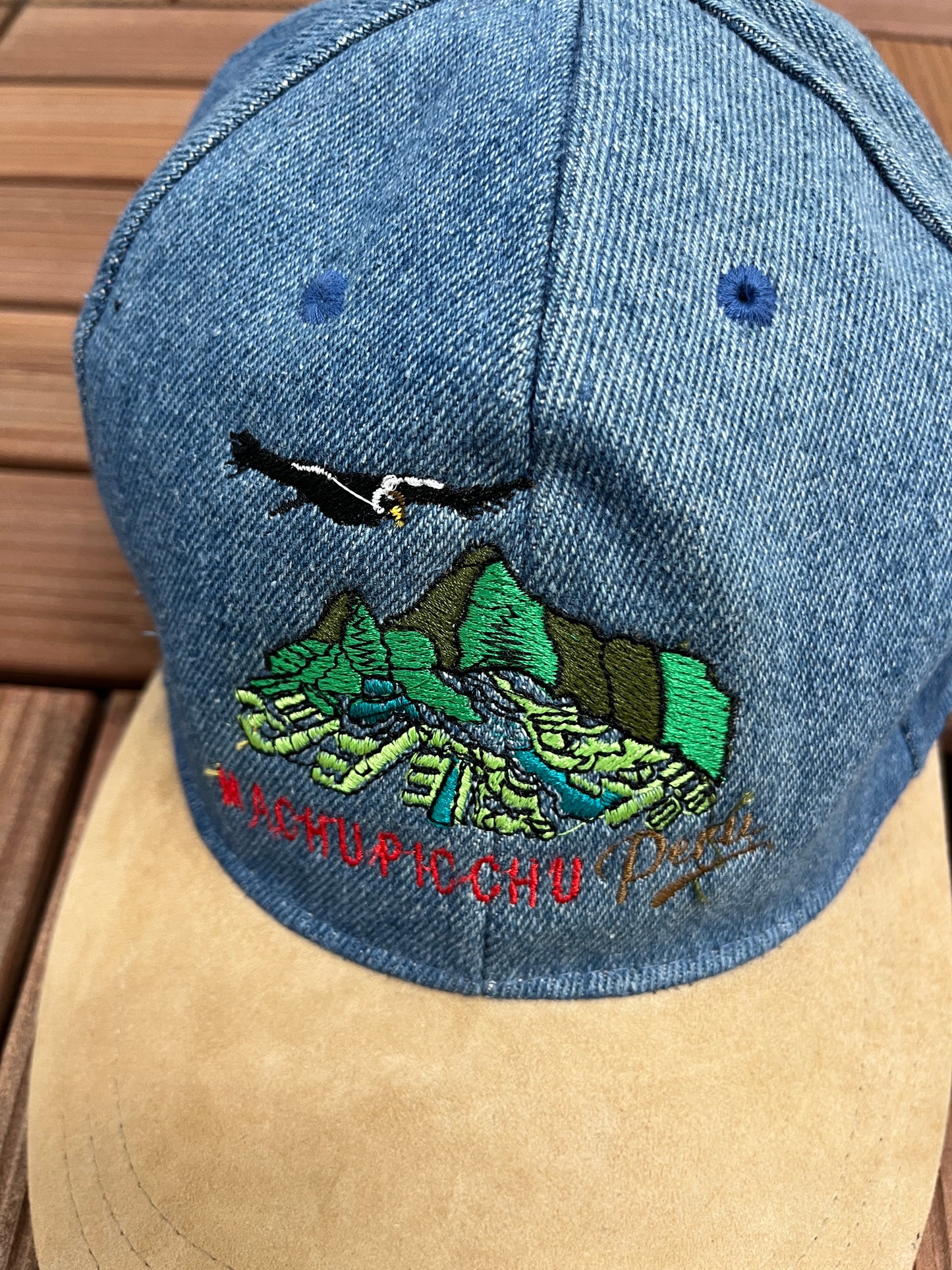 Machu Picchu, Peru Embroidered Graphic Hat | Strap Back | Vintage 2000s Tourist Denim Cap |