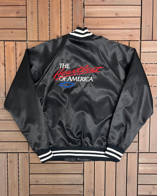 Chevrolet Heartbeat of America Graphic Jacket | Size Medium | Vintage 1990s Made in USA Black Jacket |