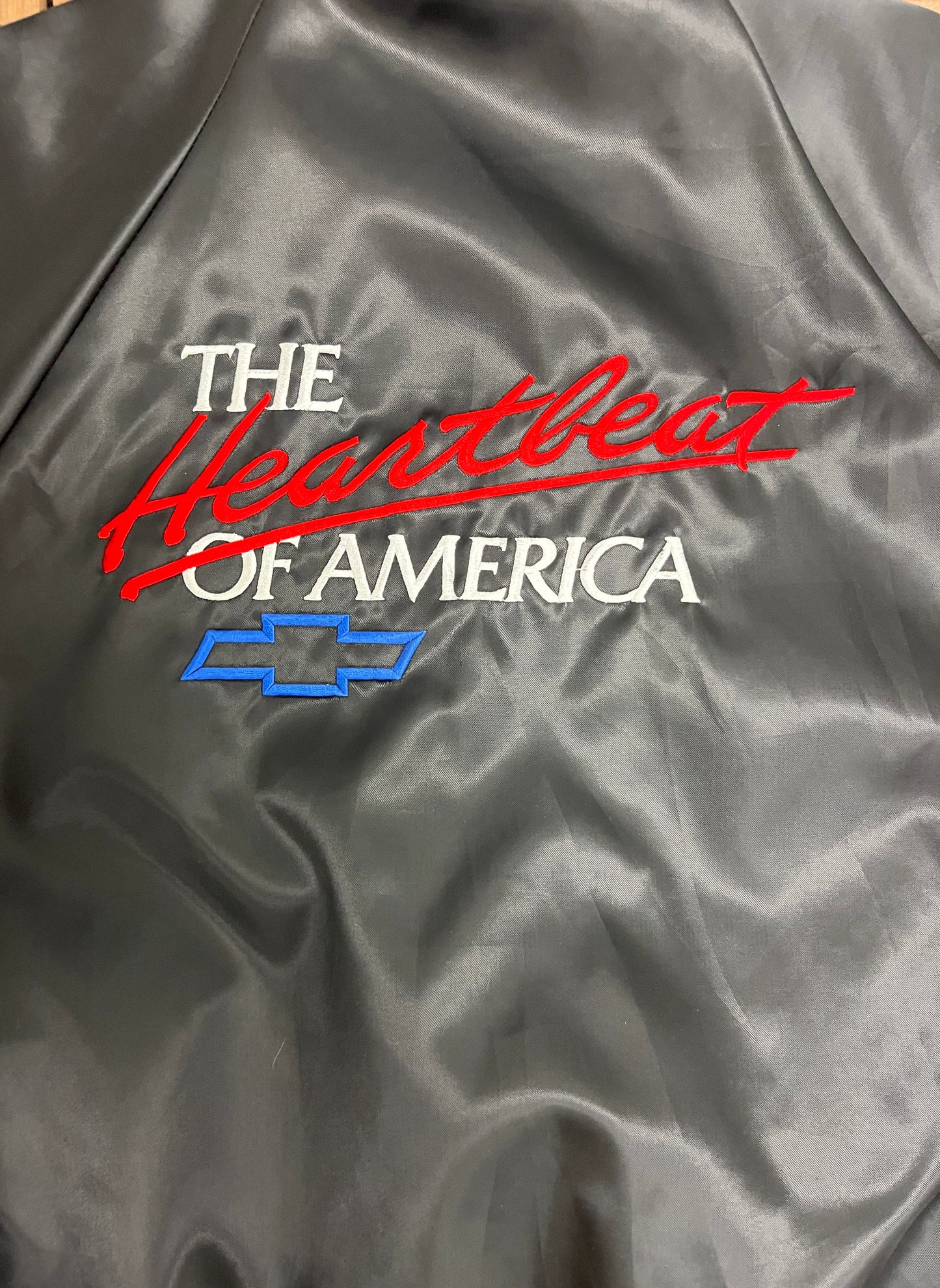 Chevrolet Heartbeat of America Graphic Jacket | Size Medium | Vintage 1990s Made in USA Black Jacket |