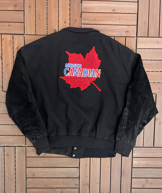 Molson Canadian Beer Graphic Jacket | Size X-Large | Vintage 1990s Made in USA Black Jacket |