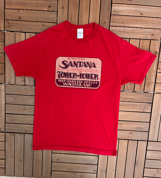 Santana Tower of Power Graphic Tee | Size Large | Vintage 2000s Promotional Latin Rock Band Red T-Shirt |