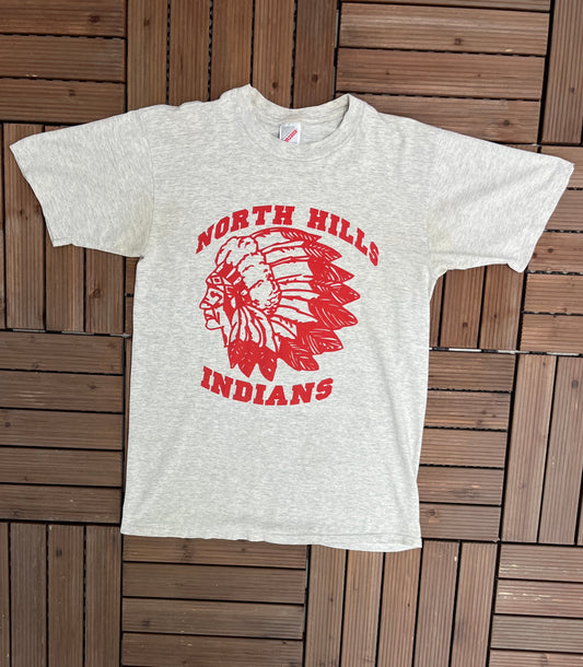 North Hills High School Graphic Tee | Size Medium | Vintage 1990s High School Sports Grey T-Shirt | Made in USA |