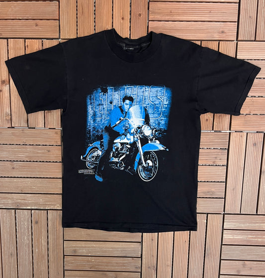 Elvis Presley Motorcycle Graphic Tee | Size Large | Vintage 1990s King of Rock and Roll Black T-Shirt |