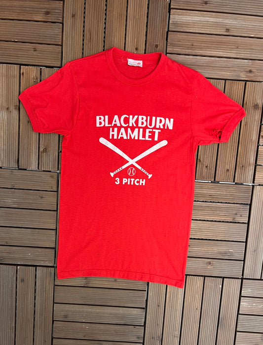 Blackburn Hamlet 3 Pitch Graphic Tee | Size Medium | Vintage 1990s Baseball Red T-Shirt | Made in Canada |