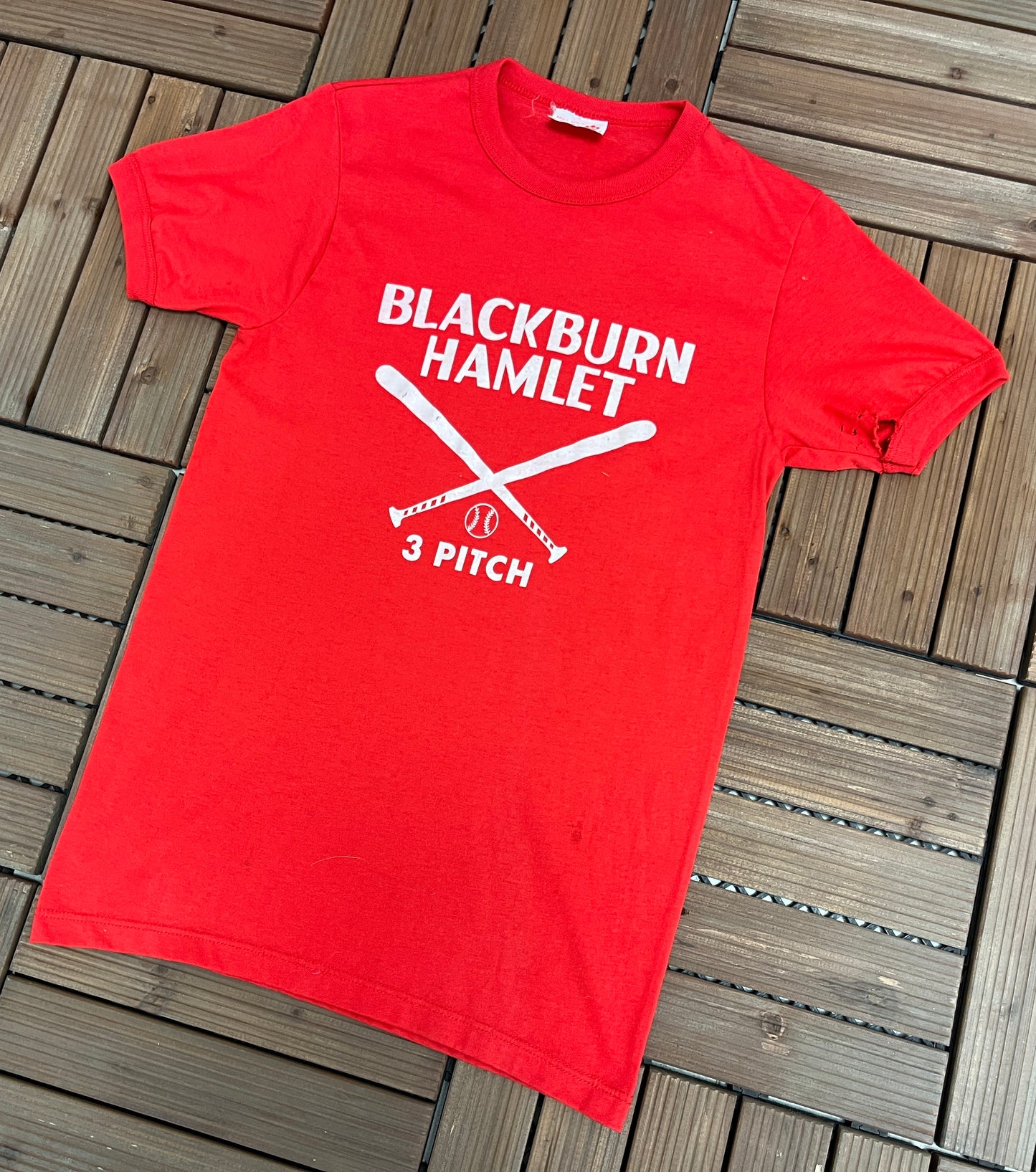 Blackburn Hamlet 3 Pitch Graphic Tee | Size Medium | Vintage 1990s Baseball Red T-Shirt | Made in Canada |