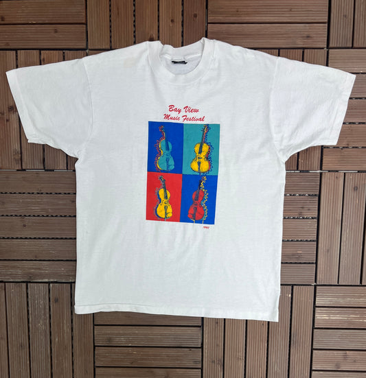 Bay View Music Festival 1990 Graphic Tee | Size X-Large | Vintage 1990s Music Festival White T-Shirt |