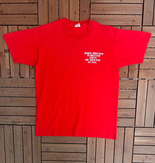 Hog's Breath Saloon Graphic Tee | Size Large | Vintage 1990s Promotional Saloon Red T-Shirt | Made in USA |