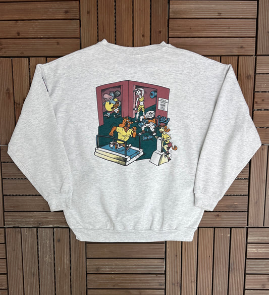 Centre De Conditionnement Physique Fitness Center Graphic Crewneck | Size Large | Vintage 1990s Promotional Grey Sweater |