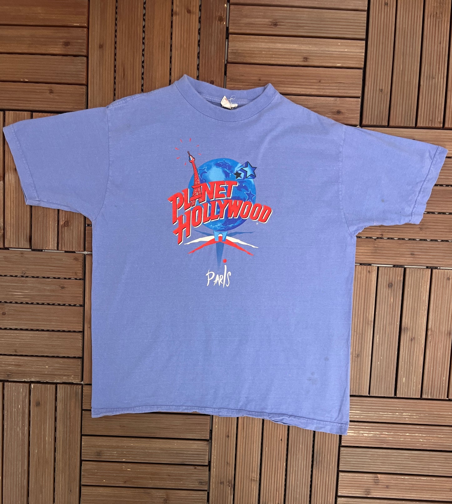 Planet Hollywood Paris Graphic Tee | Size Large | Vintage 1990s Tourist Promotional Blue T-Shirt |