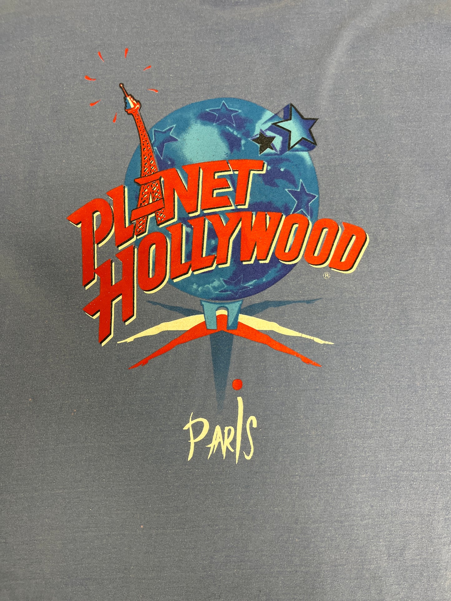 Planet Hollywood Paris Graphic Tee | Size Large | Vintage 1990s Tourist Promotional Blue T-Shirt |