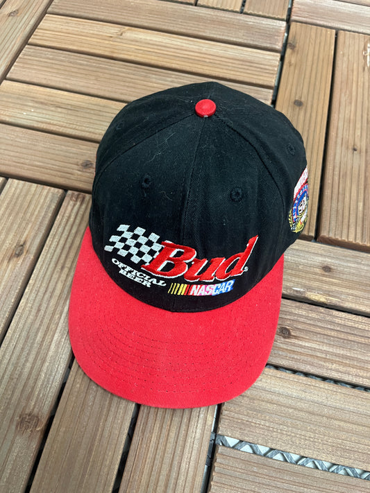 Bud Official Beer NASCAR Randy Lajoie Embroidered Graphic Hat | Snap Back | Vintage 1990s NASCAR Racing Black Cap |