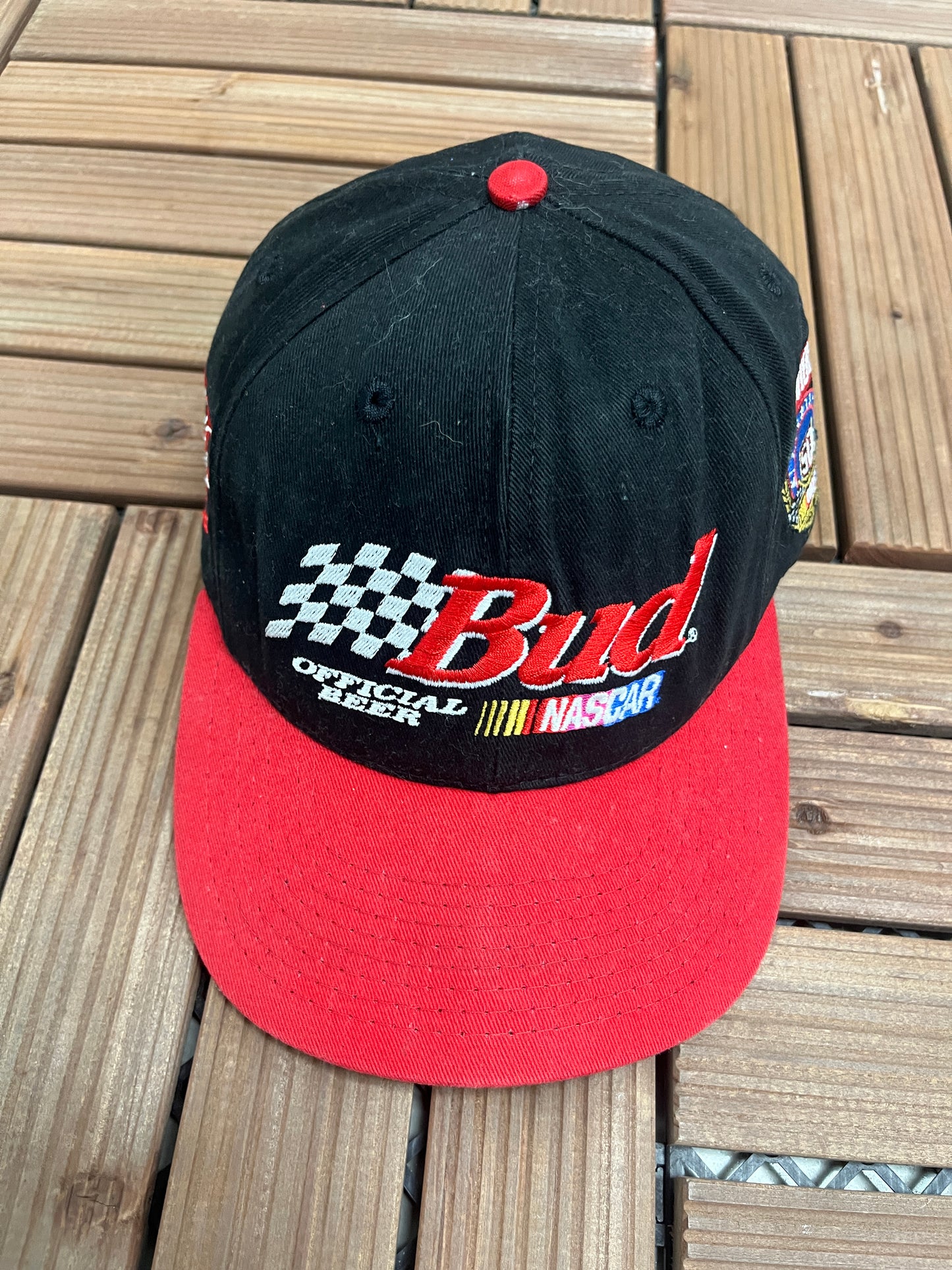 Bud Official Beer NASCAR Randy Lajoie Embroidered Graphic Hat | Snap Back | Vintage 1990s NASCAR Racing Black Cap |