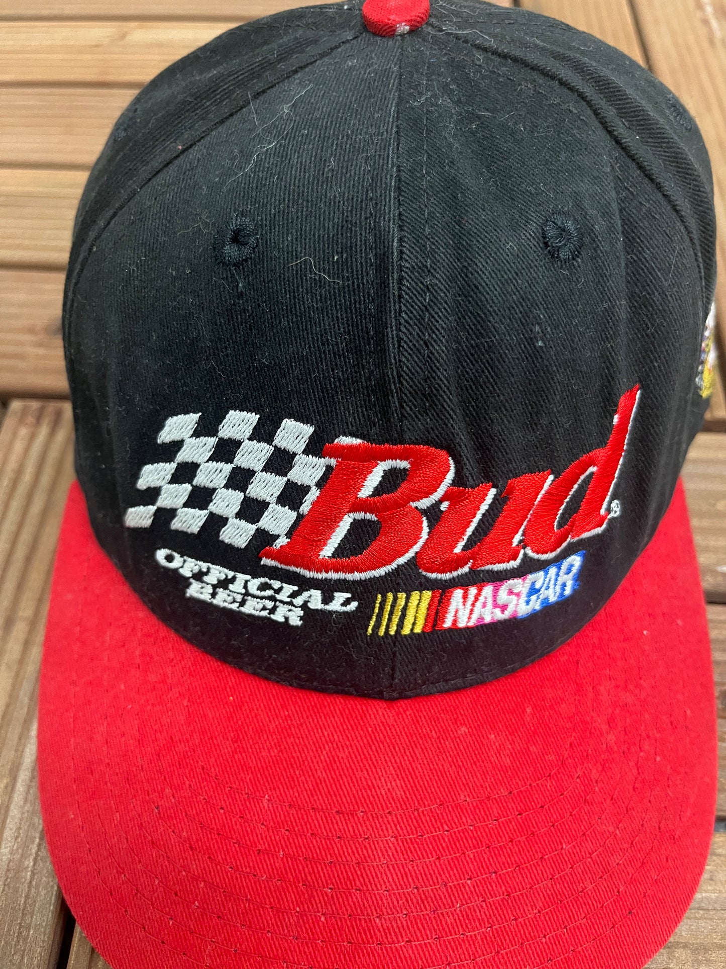 Bud Official Beer NASCAR Randy Lajoie Embroidered Graphic Hat | Snap Back | Vintage 1990s NASCAR Racing Black Cap |