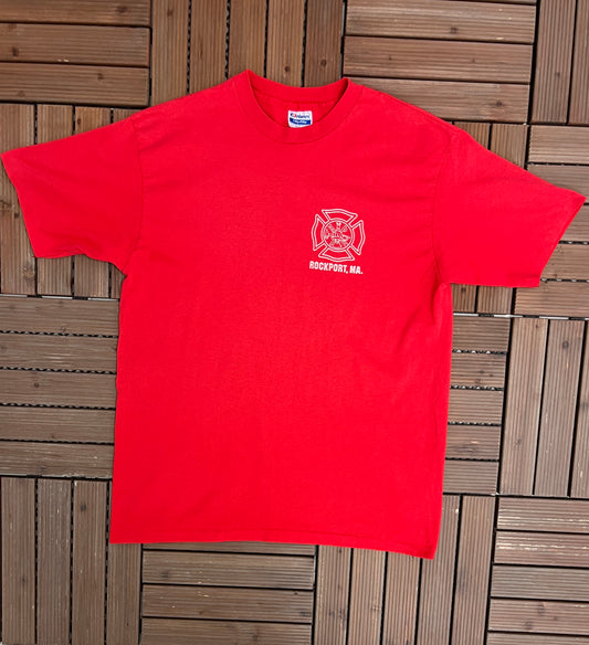 Ladder 1 Company Rockport, MA Graphic Tee | Size X-Large | Vintage 1990s Single Stitch Red T-Shirt |