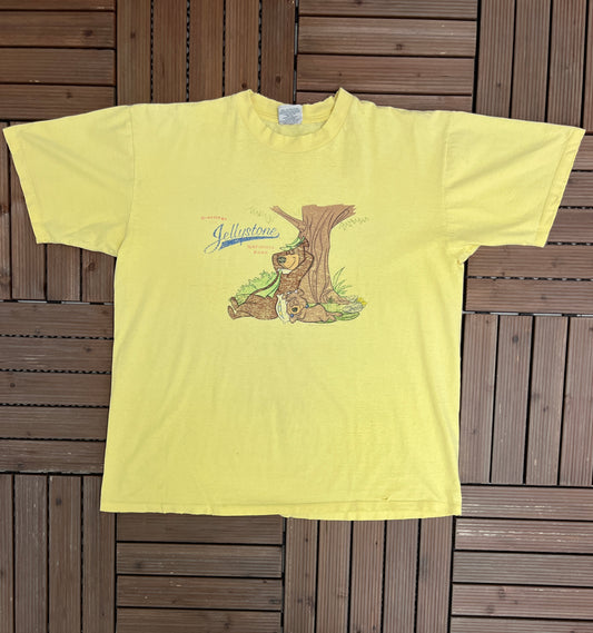 Yogi Bear Greetings From Jellystone National Park Graphic Tee | Size X-Large | Vintage 1990s Cartoon Yellow T-Shirt |