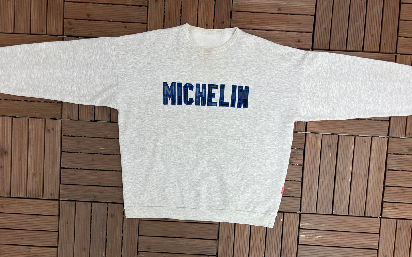 Michelin Plaid Stitched Graphic Crewneck | Size X-Large | Vintage 1990s Tire Company Promotional Grey Sweater |