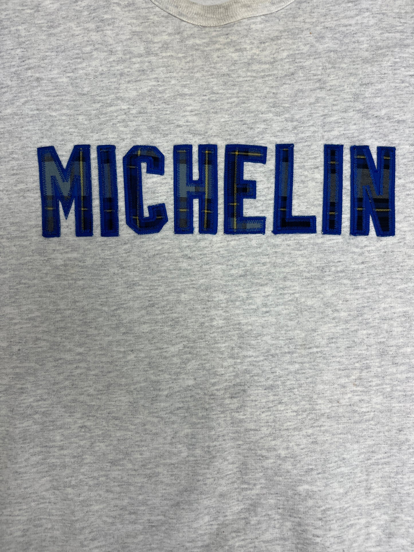 Michelin Plaid Stitched Graphic Crewneck | Size X-Large | Vintage 1990s Tire Company Promotional Grey Sweater |