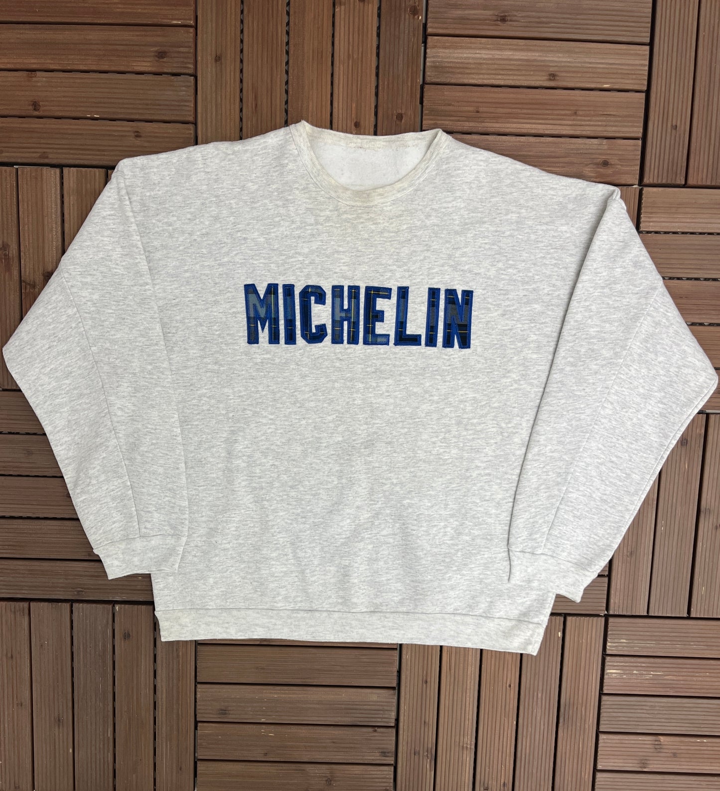 Michelin Plaid Stitched Graphic Crewneck | Size X-Large | Vintage 1990s Tire Company Promotional Grey Sweater |