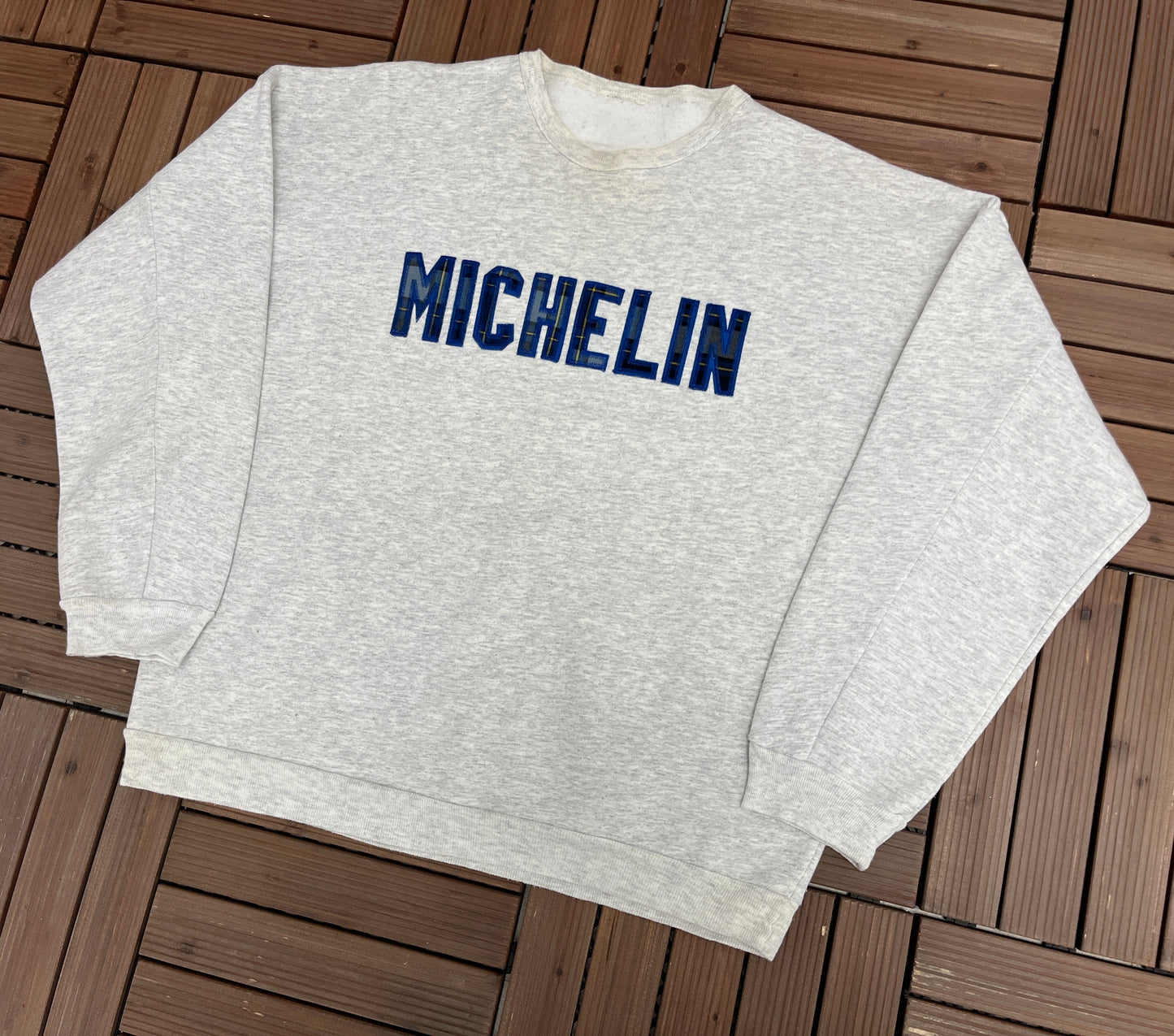 Michelin Plaid Stitched Graphic Crewneck | Size X-Large | Vintage 1990s Tire Company Promotional Grey Sweater |