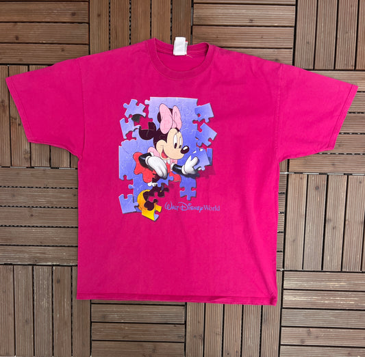 Minnie Mouse Puzzle Pieces Graphic Tee | Size X-Large | Vintage 1990s Walt Disney World Cartoon Pink T-Shirt |