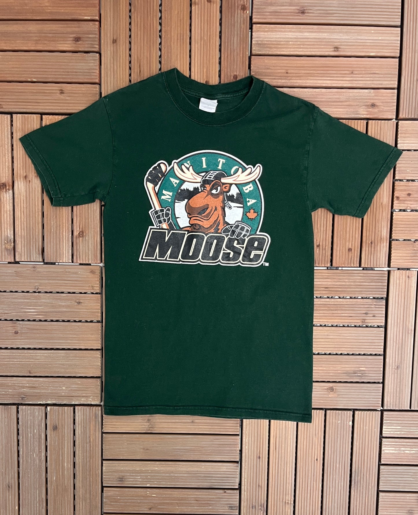 Manitoba Moose Graphic Tee | Size Small | Vintage 1990s American Hockey League AHL Green T-Shirt |