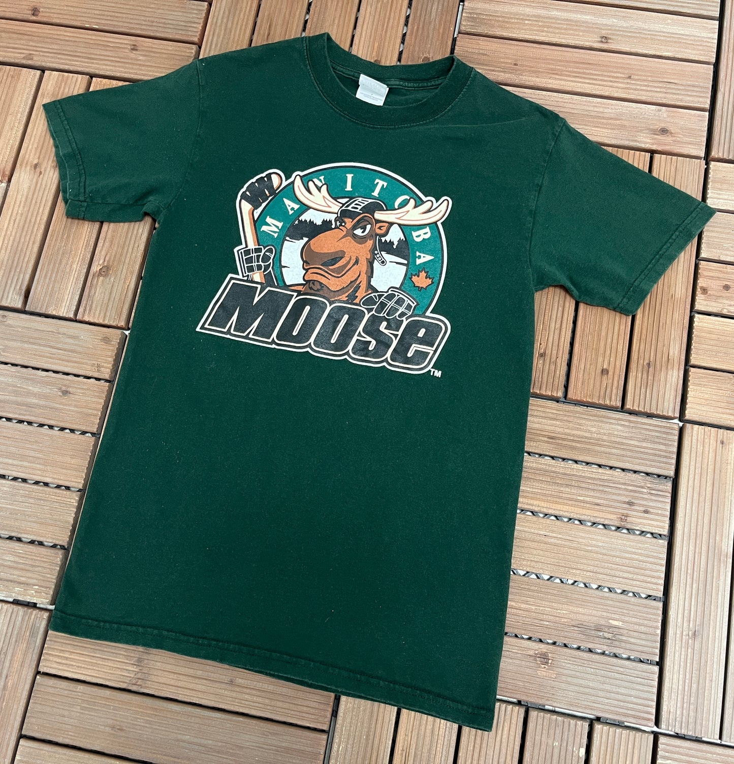 Manitoba Moose Graphic Tee | Size Small | Vintage 1990s American Hockey League AHL Green T-Shirt |