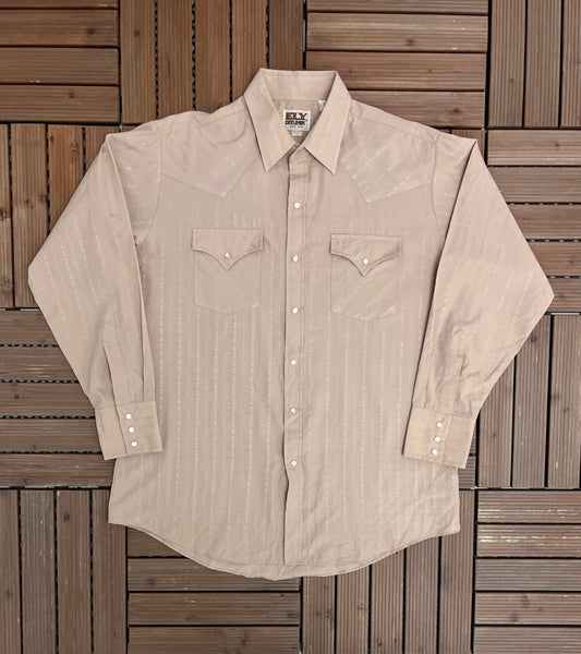 Ely Cattleman Button Down Shirt | Size Large | Vintage 1990s Beige Striped Shirt |