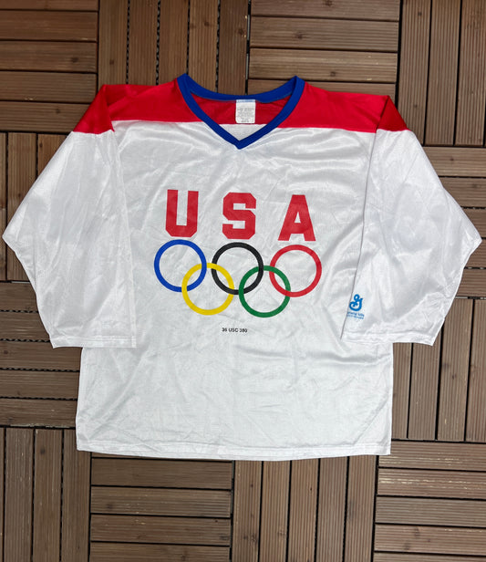 United States Olympics Graphic Hockey Jersey | Size X-Large | Vintage 1990s Mesh White Jersey |