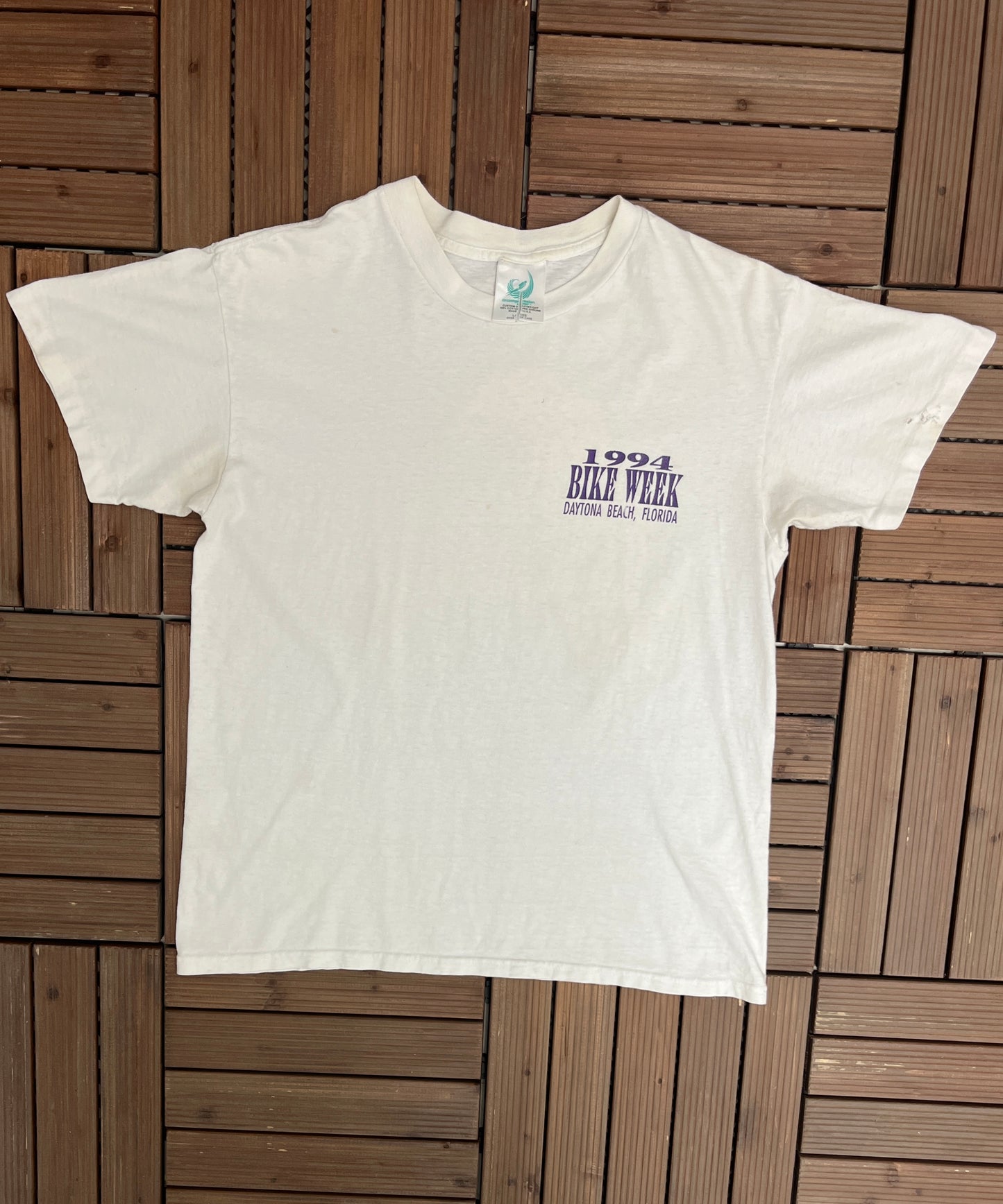 Daytona Beach Bike Week 1994 Graphic Tee | Size Large | Vintage 1990s Branded White Motorcycle Biker T-Shirt |