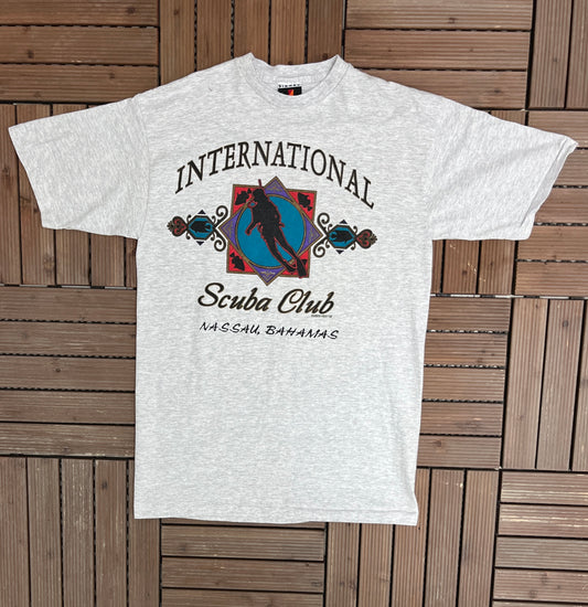 International Scuba Club Nassau, Bahamas Graphic Tee | Size Large | Vintage 1990s Grey Promotional T-Shirt |