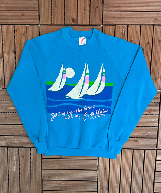 Sailing Into The Future With My Credit Union Graphic Crewneck | Size Medium | Vintage 1980s Made in USA Blue Sweater |
