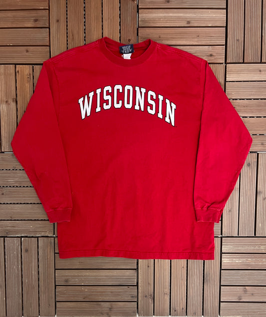 Wisconsin Badgers Spell Out Graphic Tee | Size Large | Vintage 1990s College Sports Red T-Shirt | Jansport Tag | Free Shipping to USA |