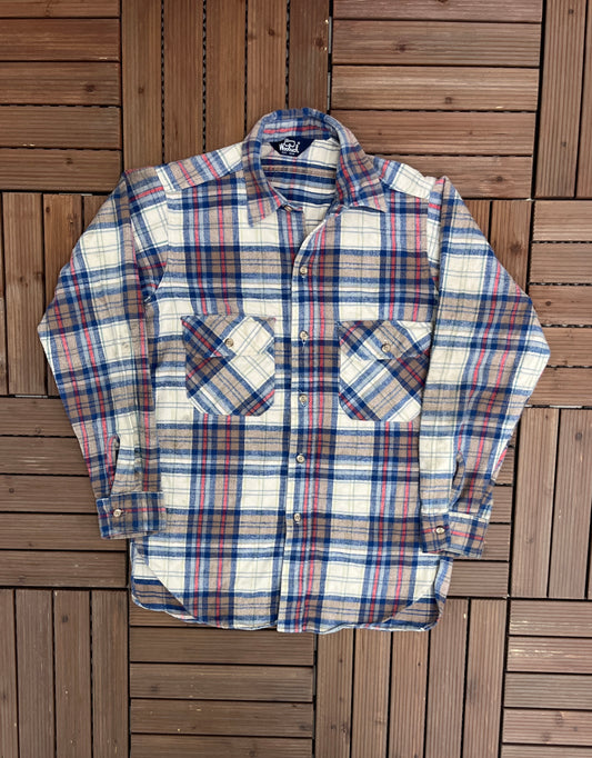 Woolrich Plaid Flannel Button Down Shirt | Size Medium | Vintage 1990s Beige & Blue Button Down Flannel | Free Shipping to USA |