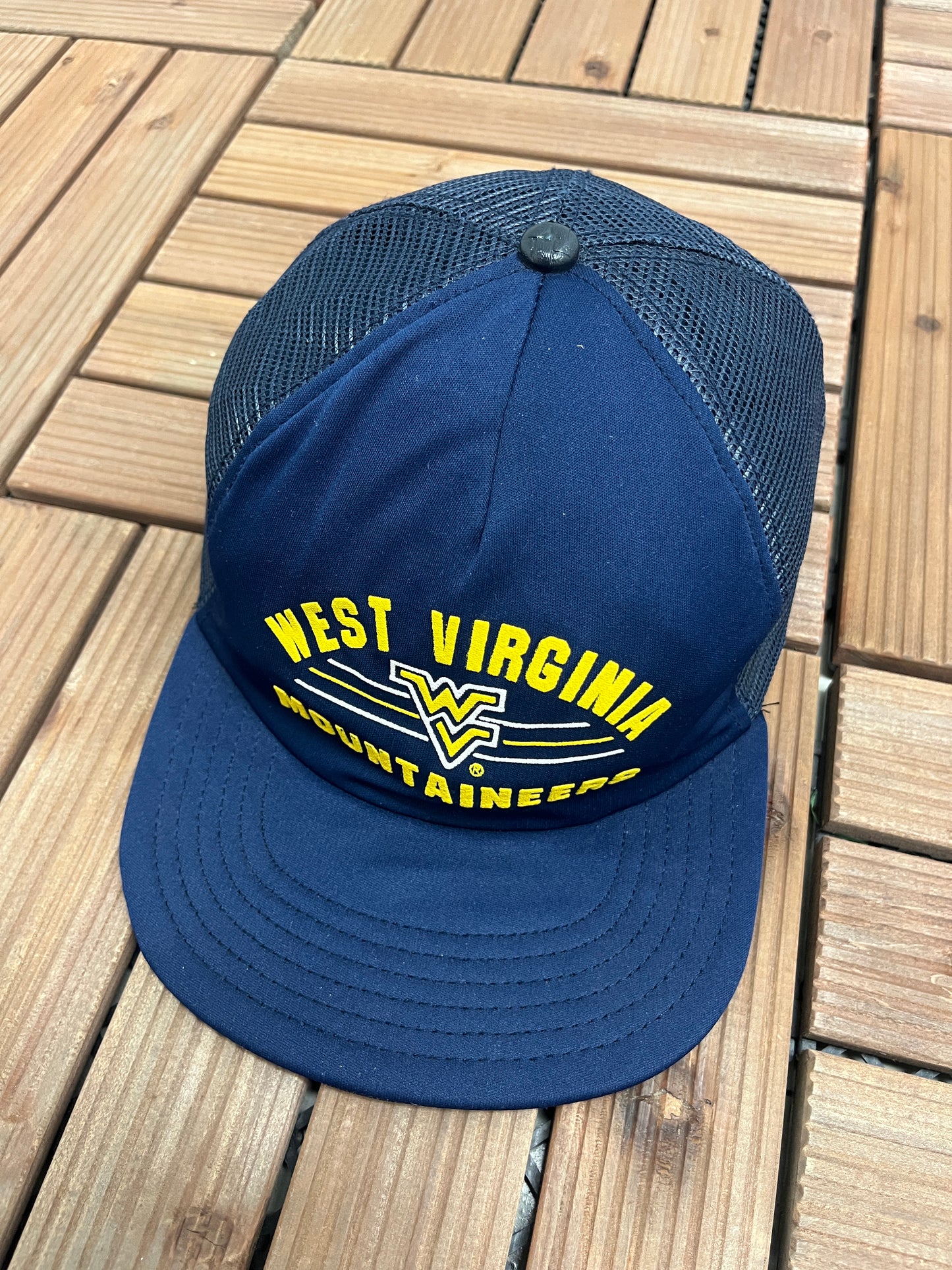 West Virginia Mountaineers Graphic Hat | Snap Back Adjustable | Vintage 1990s College Trucker Blue Cap |