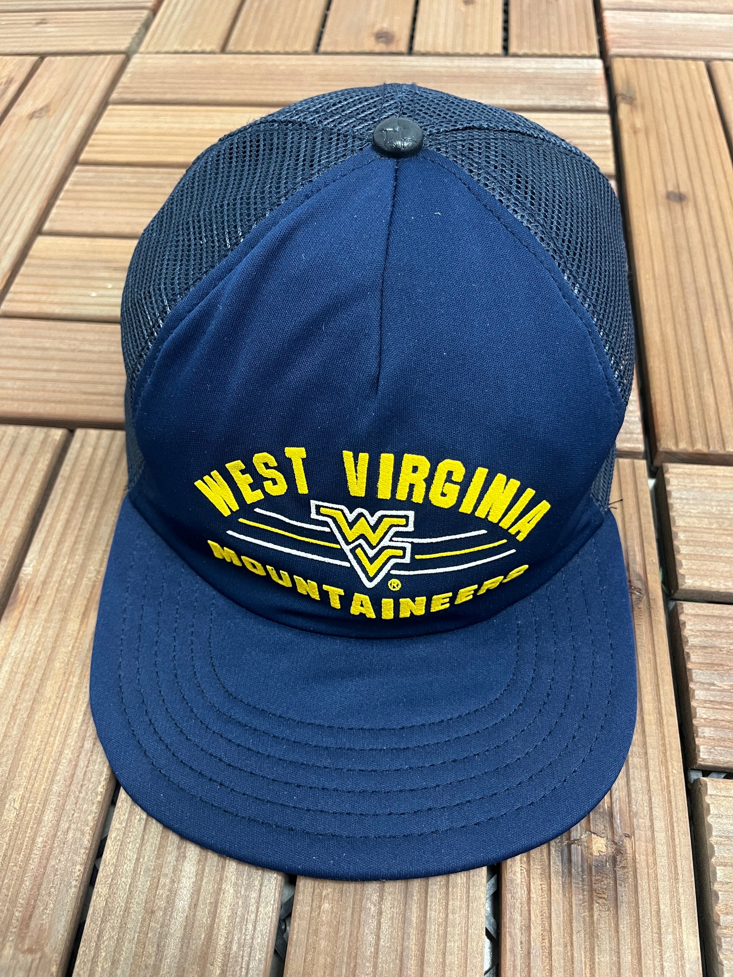 West Virginia Mountaineers Graphic Hat | Snap Back Adjustable | Vintage 1990s College Trucker Blue Cap |