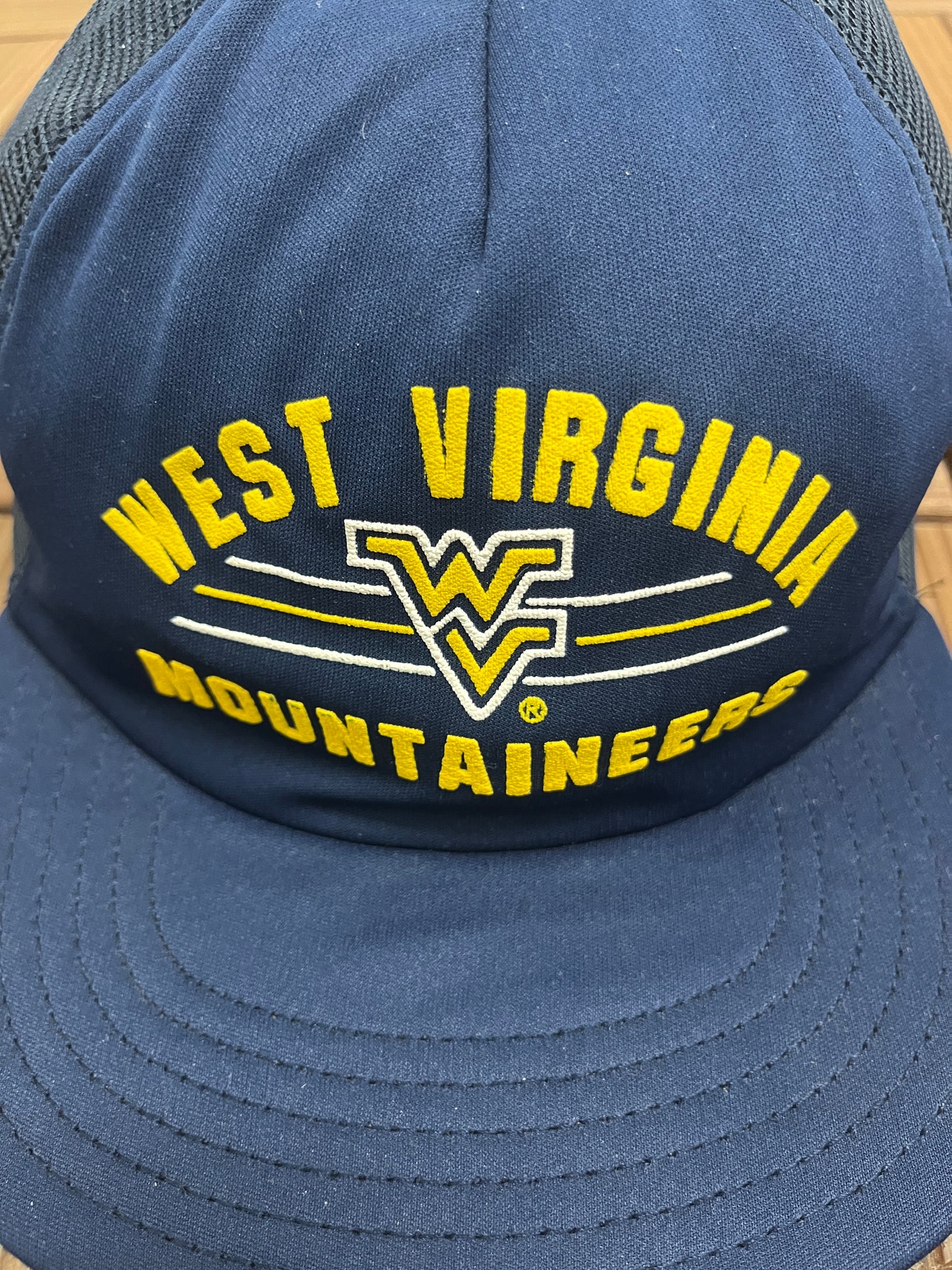 West Virginia Mountaineers Graphic Hat | Snap Back Adjustable | Vintage 1990s College Trucker Blue Cap |