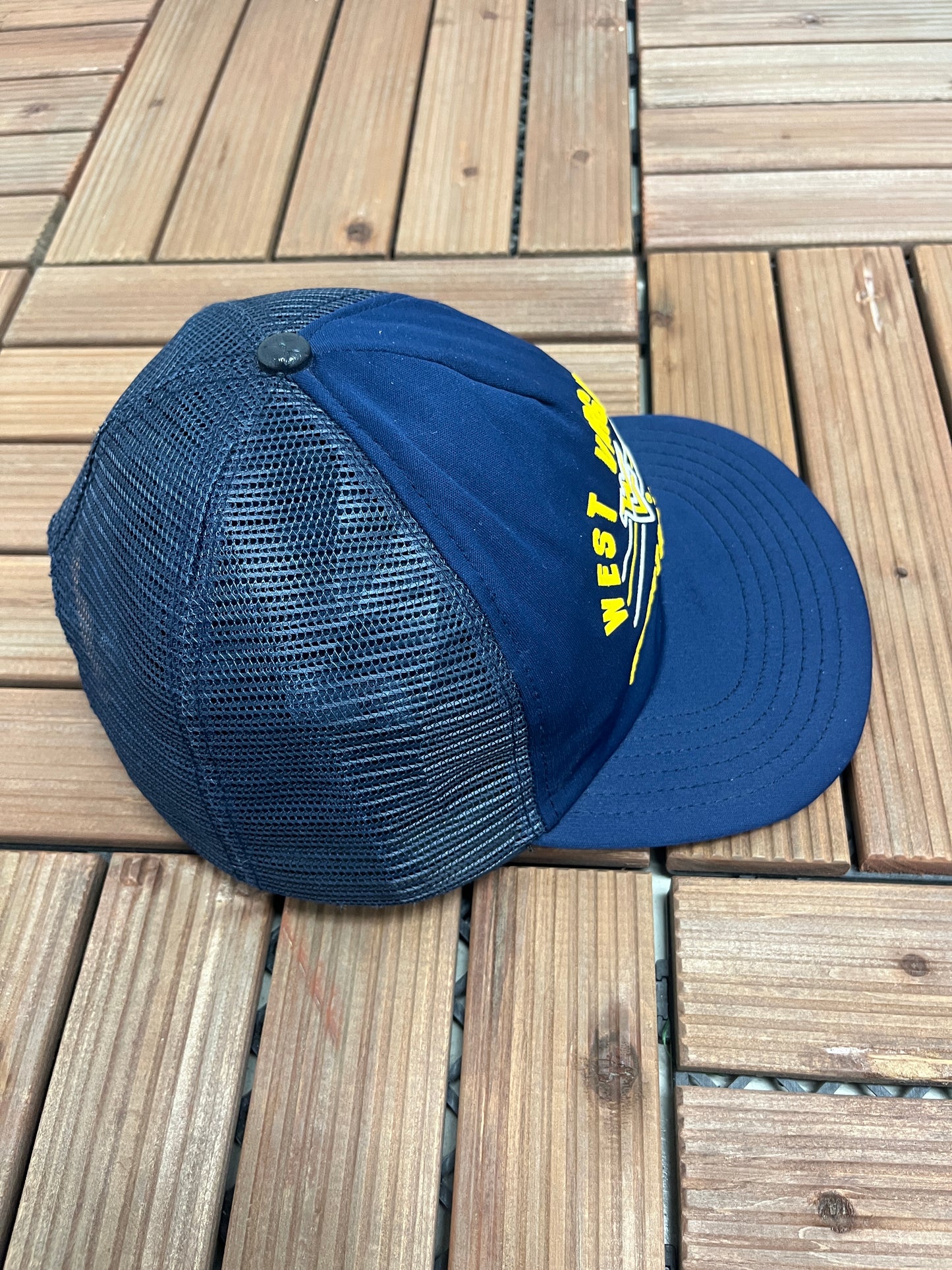 West Virginia Mountaineers Graphic Hat | Snap Back Adjustable | Vintage 1990s College Trucker Blue Cap |