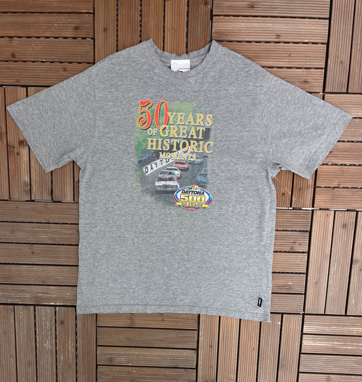 Daytona 500 50 Year Anniversary NASCAR Racing Graphic Tee | Size Large | Vintage 2000s Racing Grey T-Shirt |