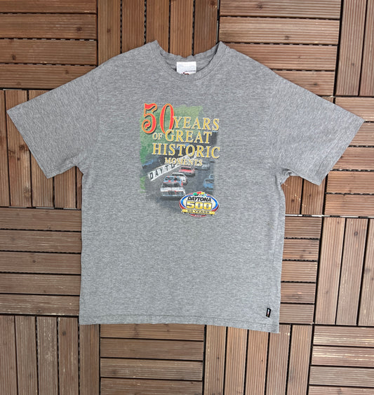 Daytona 500 50 Year Anniversary NASCAR Racing Graphic Tee | Size Large | Vintage 2000s Racing Grey T-Shirt |