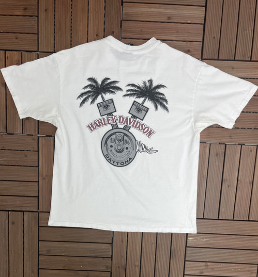 Harley Davidson Daytona Beach, Florida Graphic Tee | Size X-Large | Vintage 1990s Biker Motorcycle White T-Shirt | Free Shipping to USA |