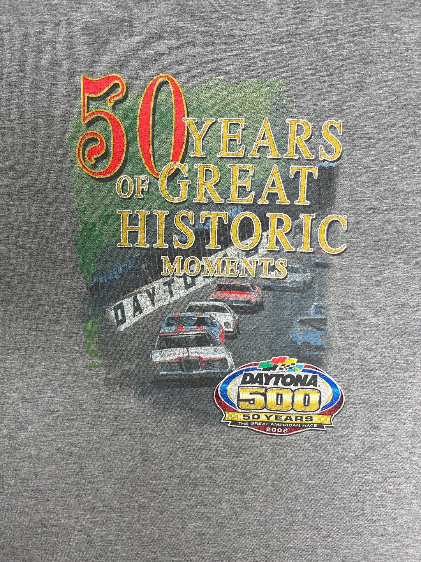 Daytona 500 50 Year Anniversary NASCAR Racing Graphic Tee | Size Large | Vintage 2000s Racing Grey T-Shirt |