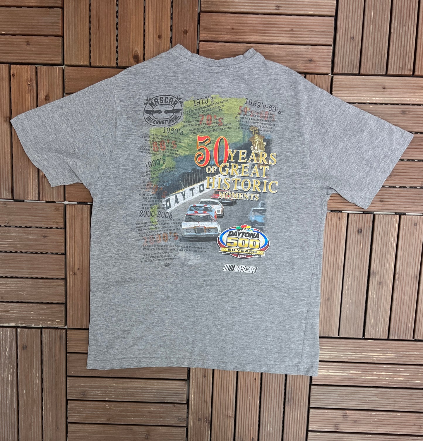 Daytona 500 50 Year Anniversary NASCAR Racing Graphic Tee | Size Large | Vintage 2000s Racing Grey T-Shirt |