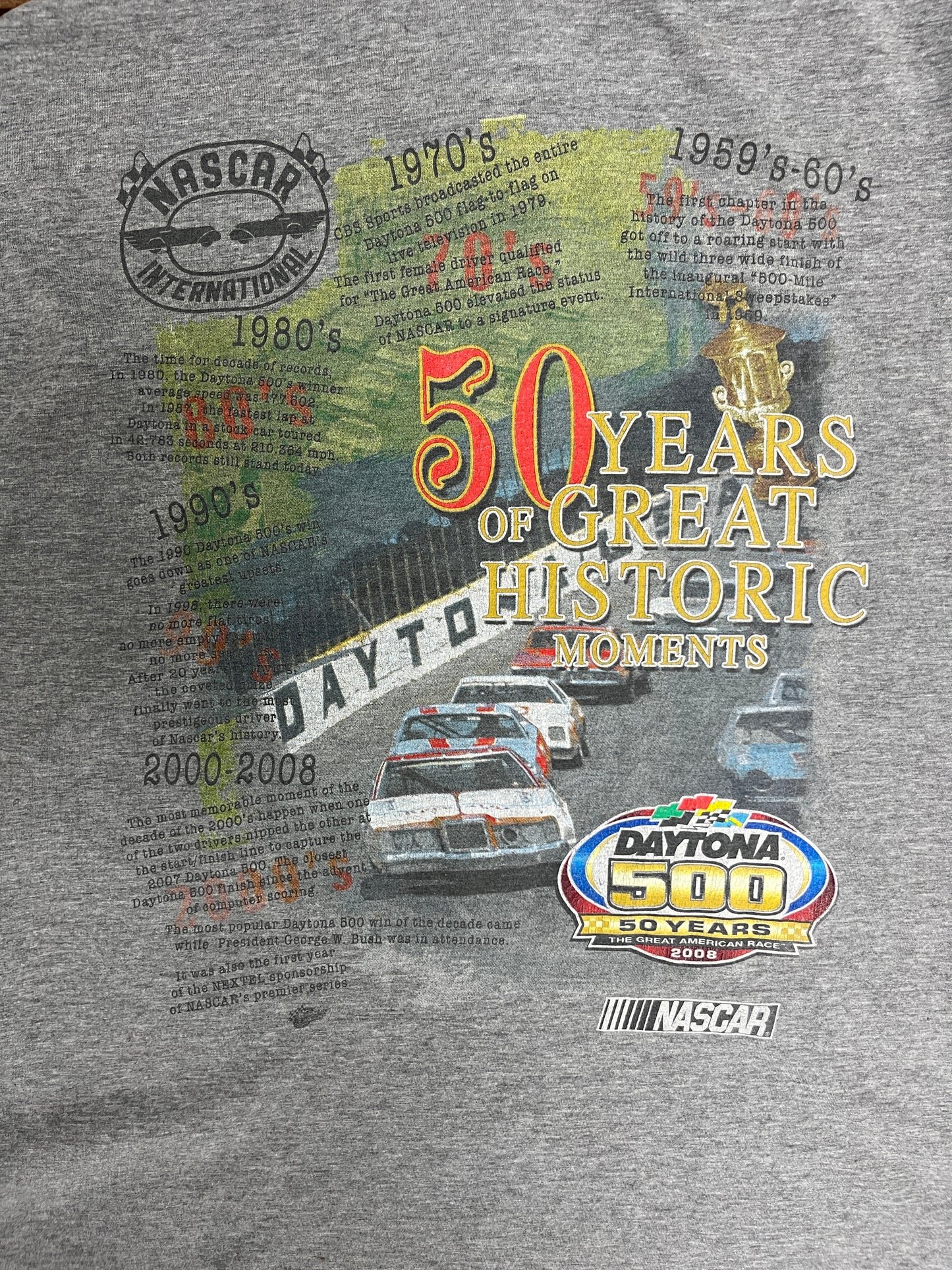 Daytona 500 50 Year Anniversary NASCAR Racing Graphic Tee | Size Large | Vintage 2000s Racing Grey T-Shirt |