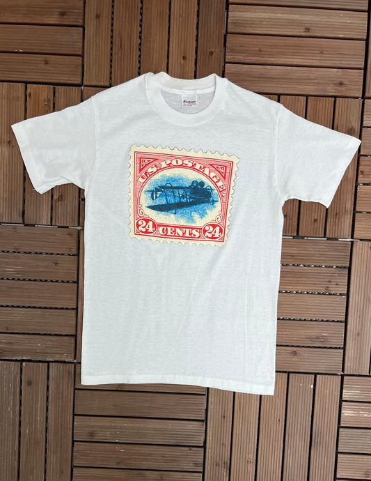 US Postage Stamps Graphic Tee | Size Medium | Vintage 1980s Promotional White T-Shirt |